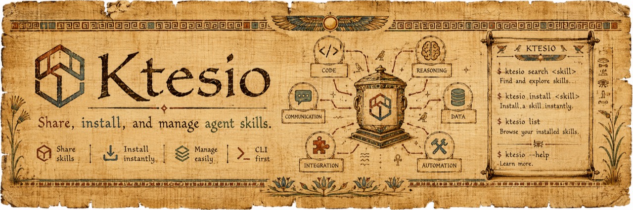 Ktesio banner: Share, install, and manage agent skills